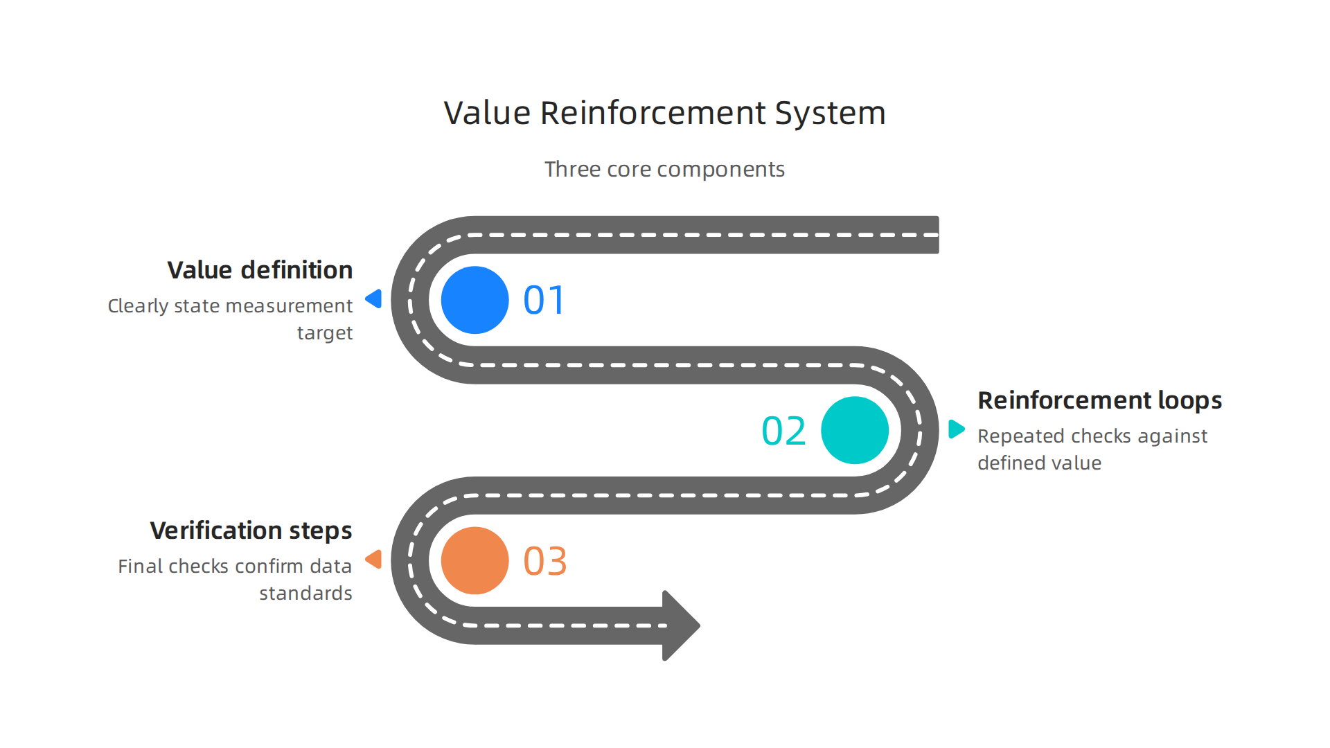 An infographic detailing the three core components of the Value Reinforcement System (VRS) for measurement reliability.