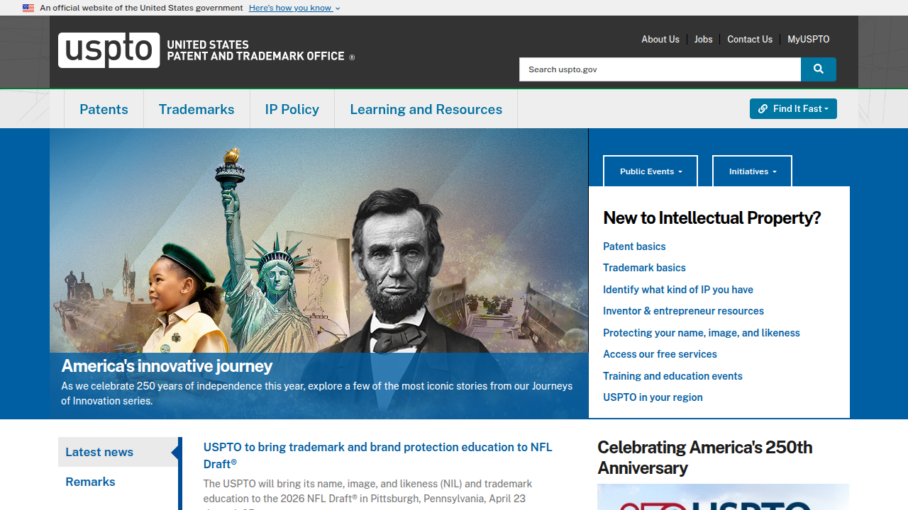 Screenshot of the United States Patent and Trademark Office (USPTO) website, where the VRS patent can be publicly accessed.