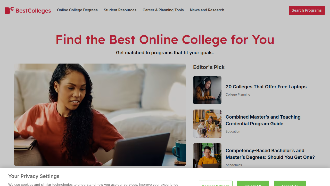 Screenshot of the BestColleges website, a resource for comparing higher education institutions.