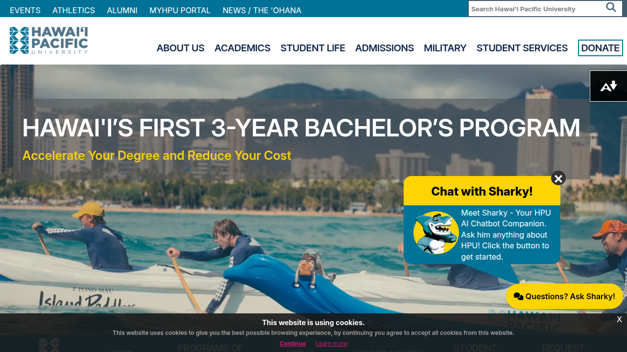 Homepage of Hawaii Pacific University, featuring its College of Health and Society.
