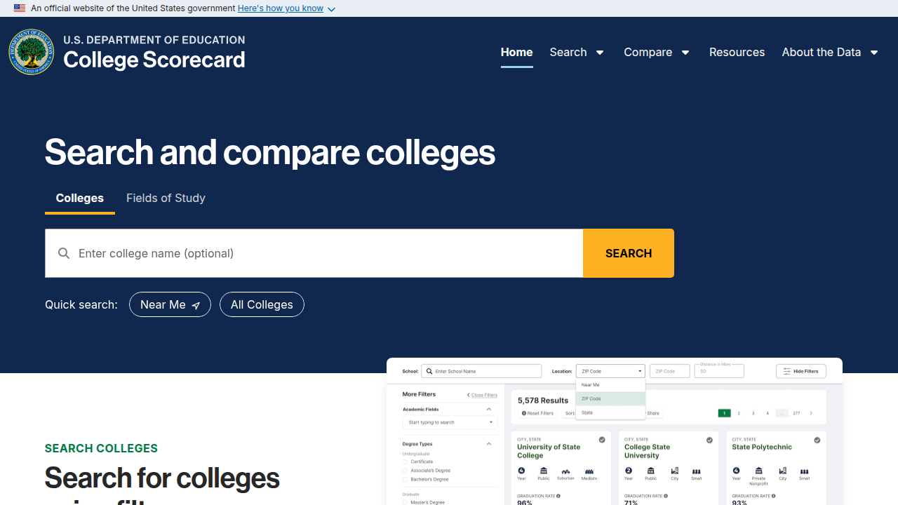 View the National College Scorecard, a government dataset for comparing higher education institutions.