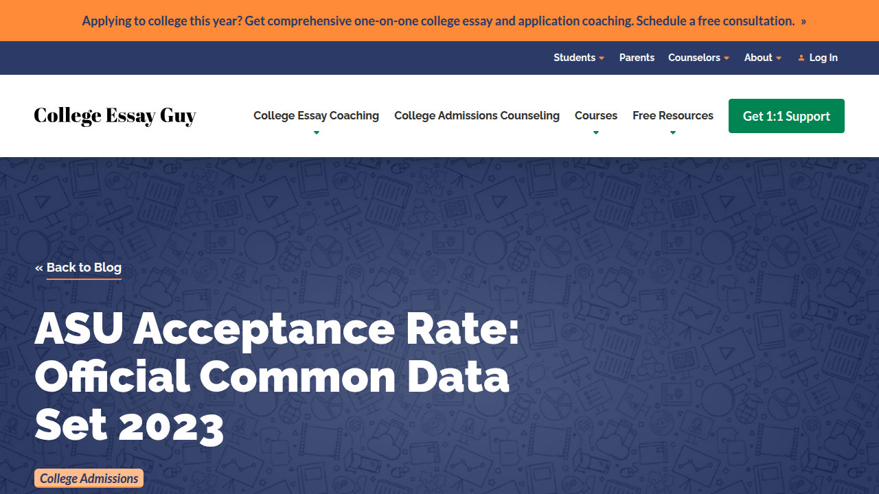 A screenshot from College Essay Guy's blog post detailing ASU's official Common Data Set for acceptance rates, a key source for university statistics.