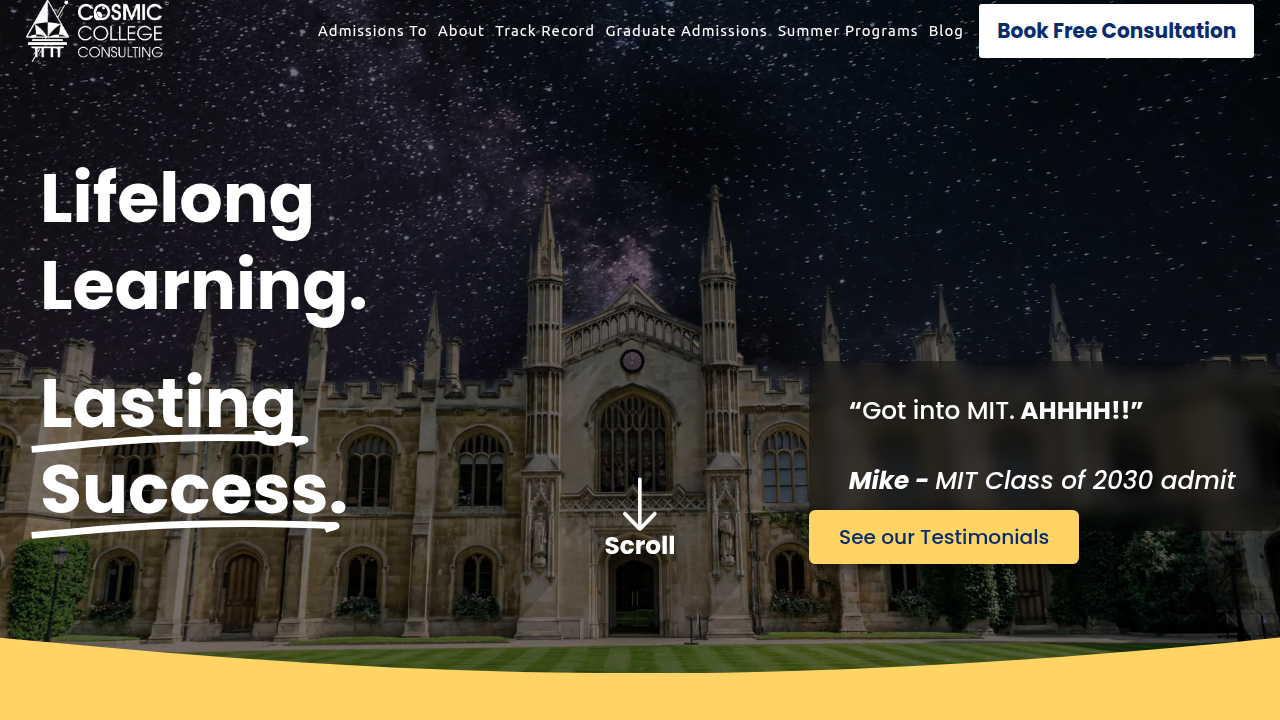 The homepage of Cosmic.nyc, a platform that provides insights into college admissions and strategies, including how universities manage their selectivity and yield rates.