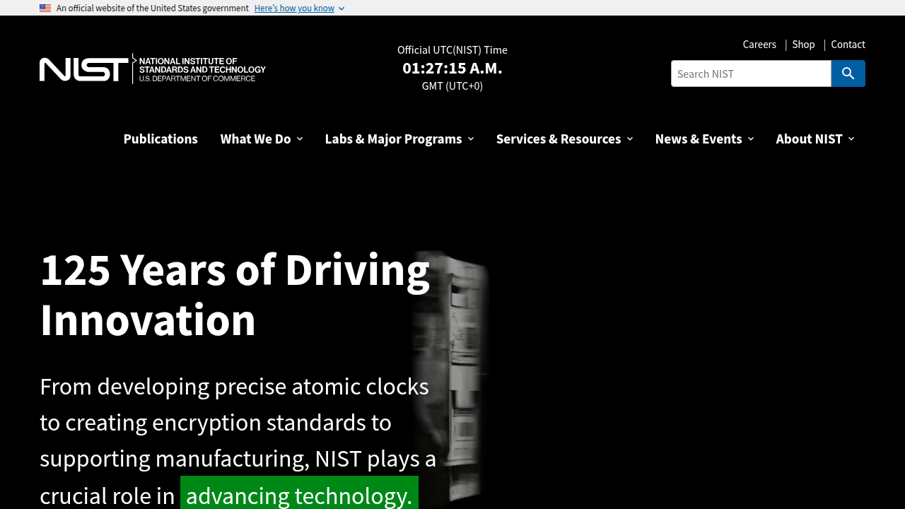 The official website of the National Institute of Standards and Technology (NIST).