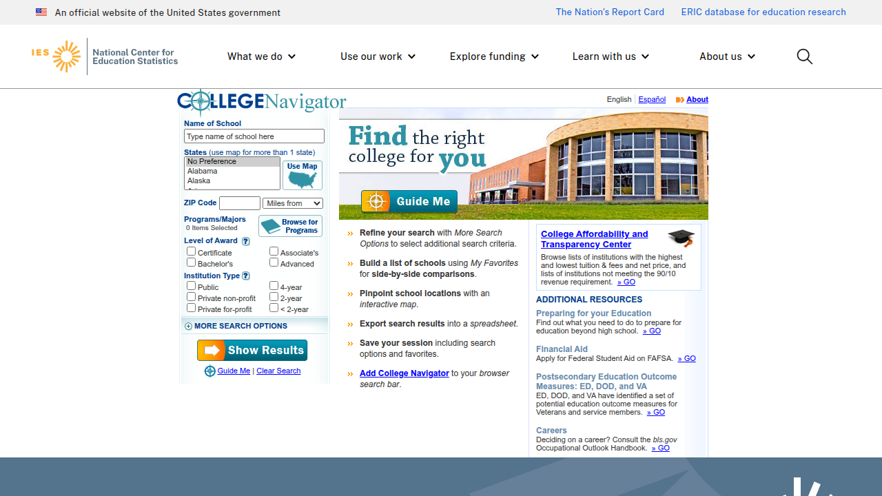 Access verified data on college costs and outcomes using the U.S. Department of Education's College Navigator.