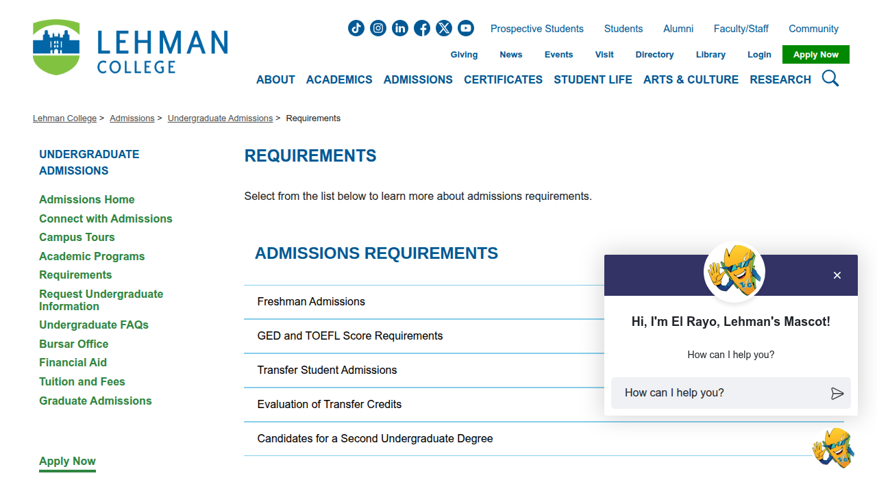 A view of Lehman College's official page detailing undergraduate admission requirements.
