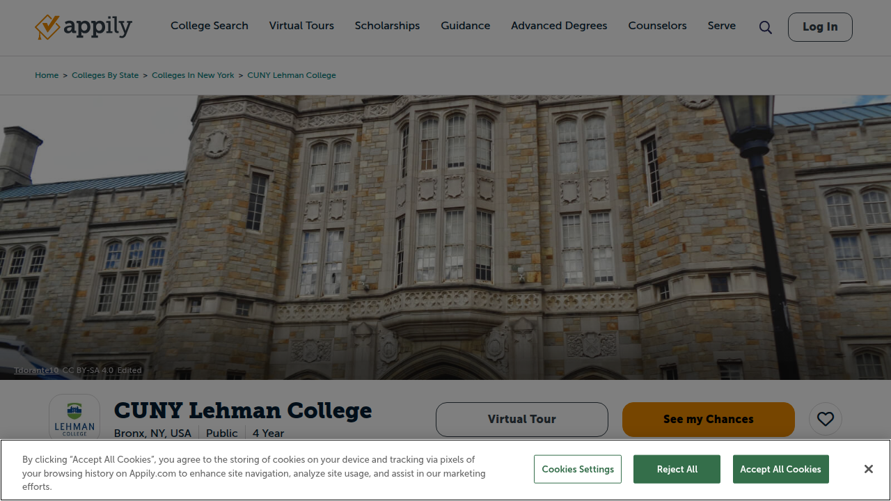 A profile page on Appily providing admissions details for CUNY Lehman College in Bronx, NY.