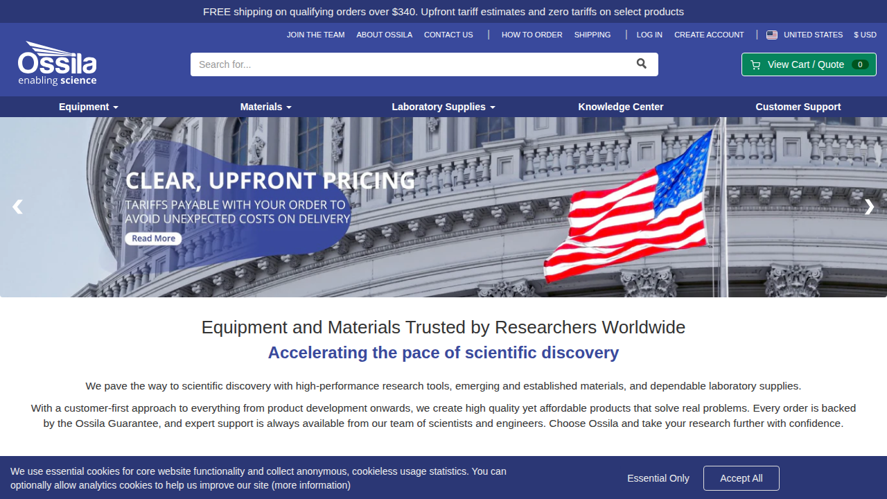 The homepage of Ossila, a scientific resource providing explanations on concepts like accuracy and precision.