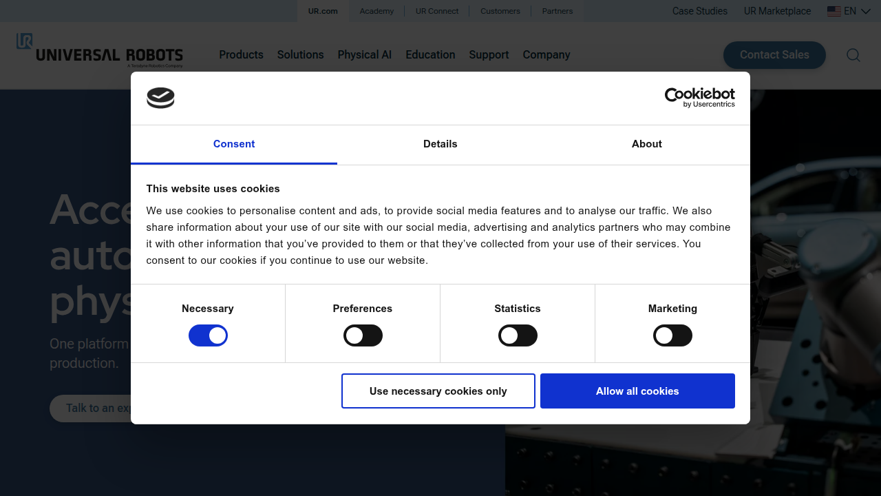 The homepage of Universal Robots, showcasing applications of collaborative robots in automated testing.
