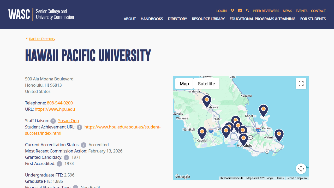 Verify the accreditation status of Hawaii Pacific University on the WASC Senior College and University Commission website.