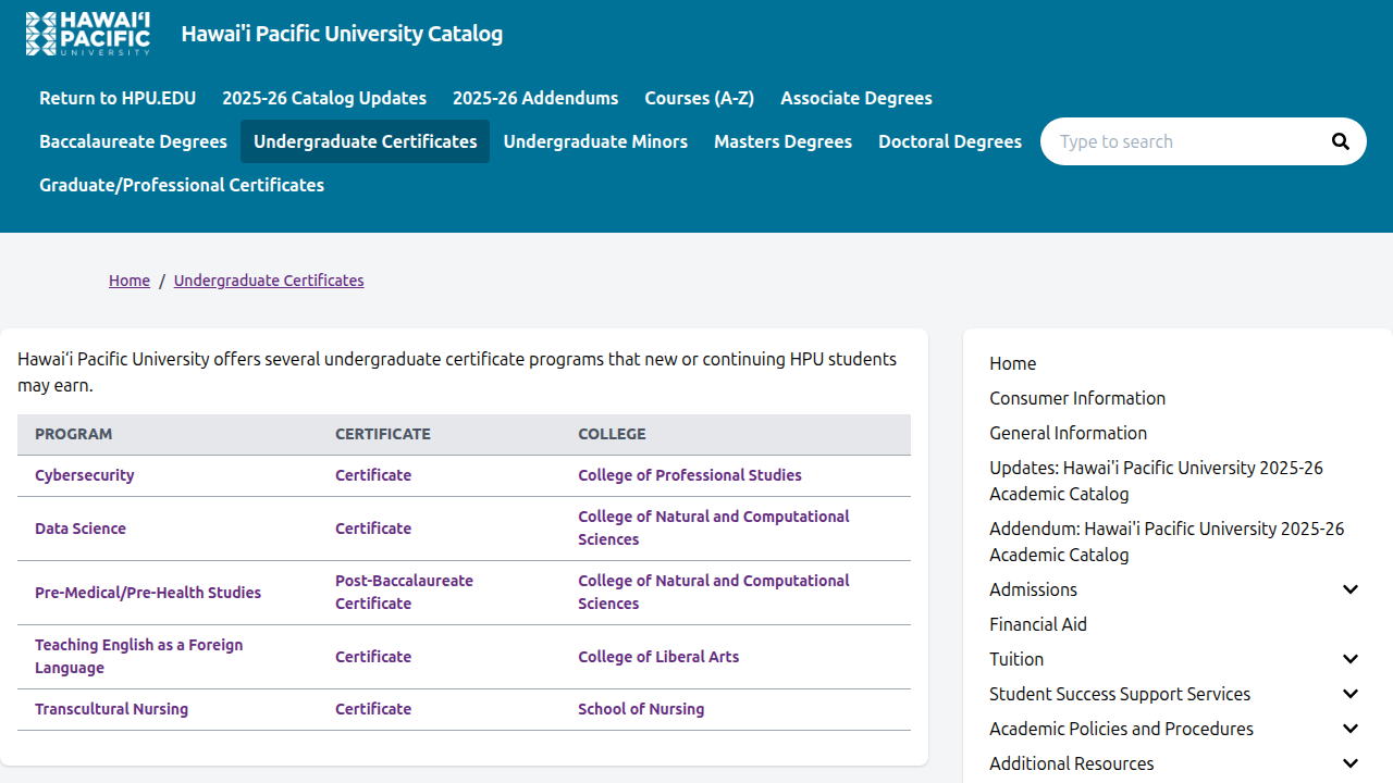 Review the full list of undergraduate certificate programs offered by Hawaii Pacific University.