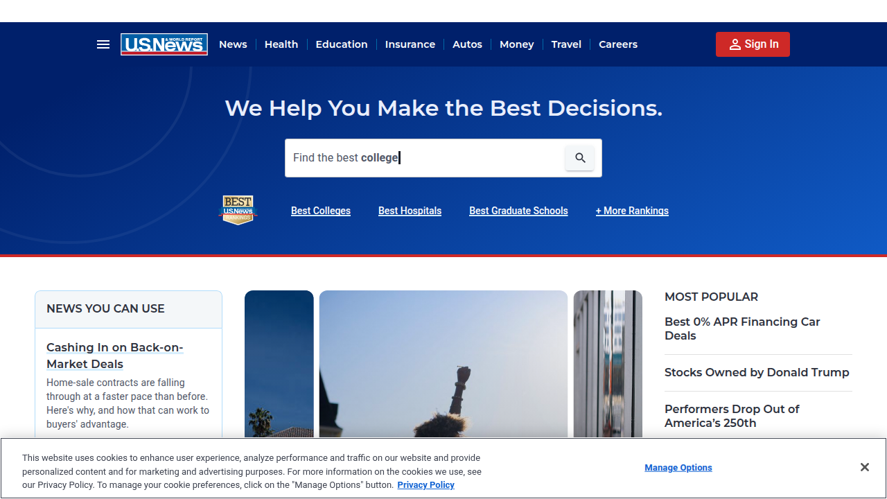 The homepage of U.S. News & World Report, a prominent source for university rankings and news.