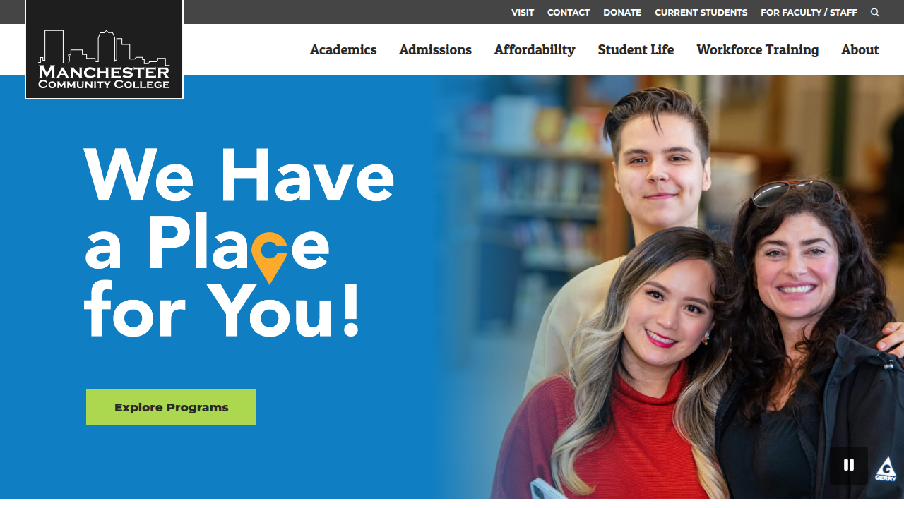 The official website for Manchester Community College, highlighting various programs and student resources.