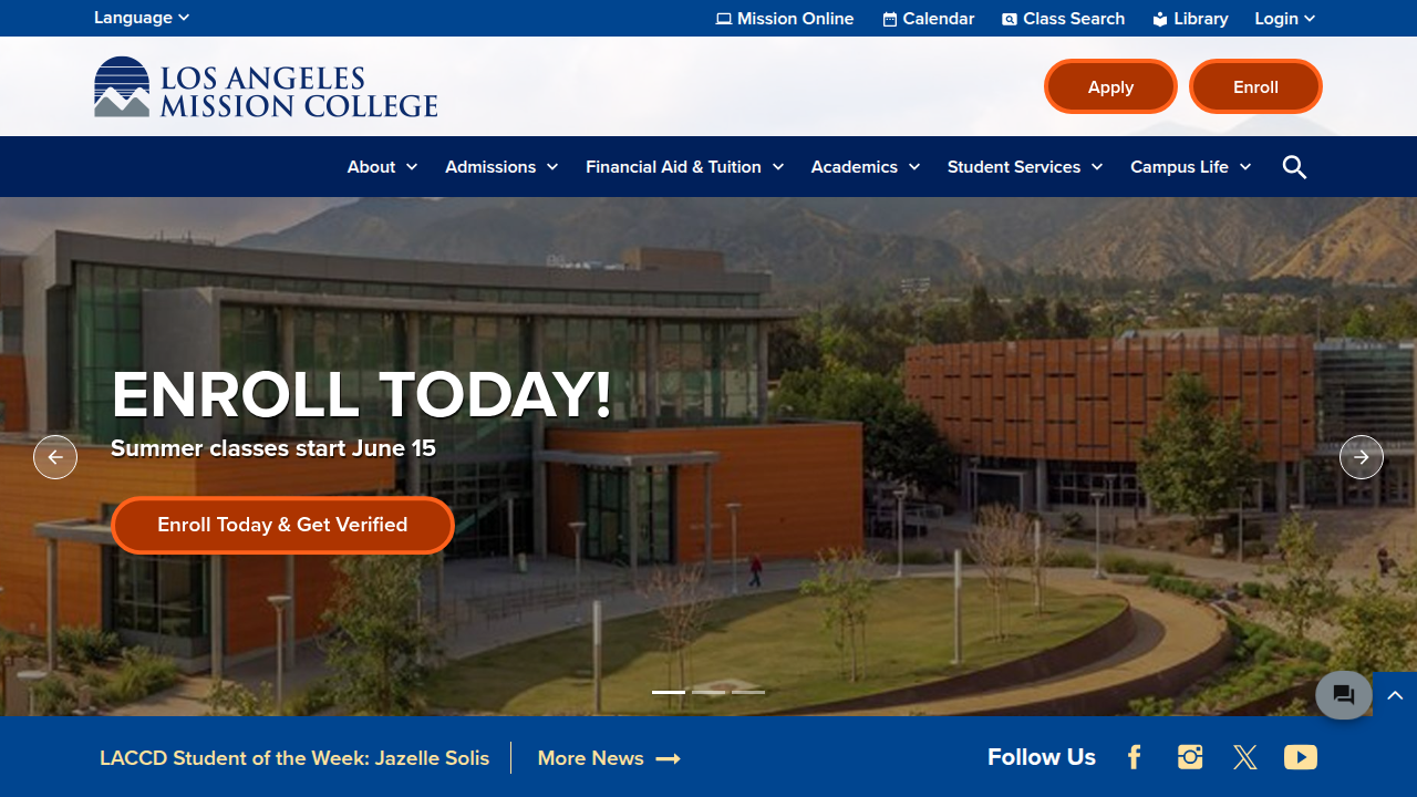 The homepage for La Mission College, an example of a community college offering diverse programs.