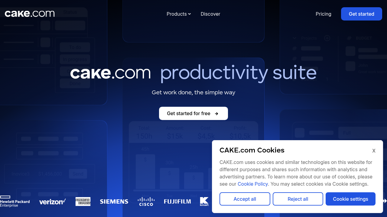 A screenshot of cake.com, a platform related to workplace collaboration statistics.