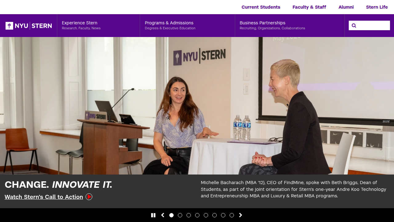 Screenshot of the NYU Stern School of Business homepage, representing the official source for program and admissions information.
