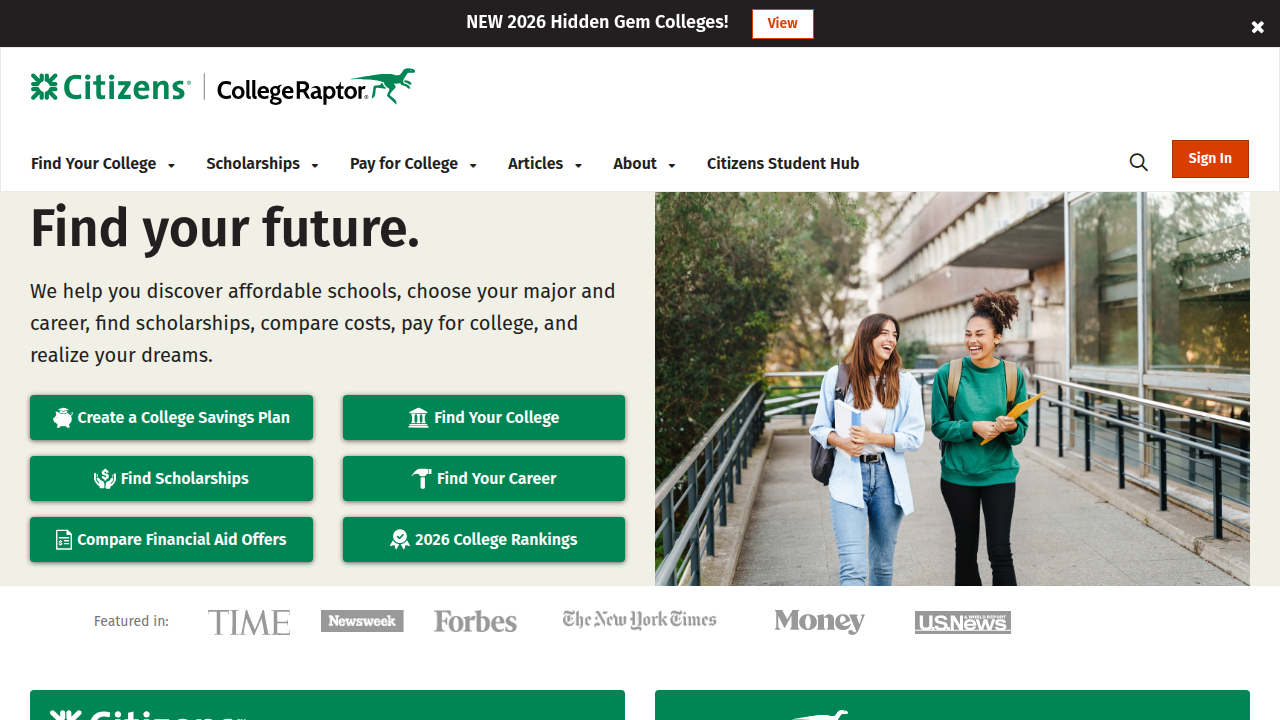 Screenshot of the CollegeRaptor homepage, a platform providing college comparison tools and articles on admissions data.