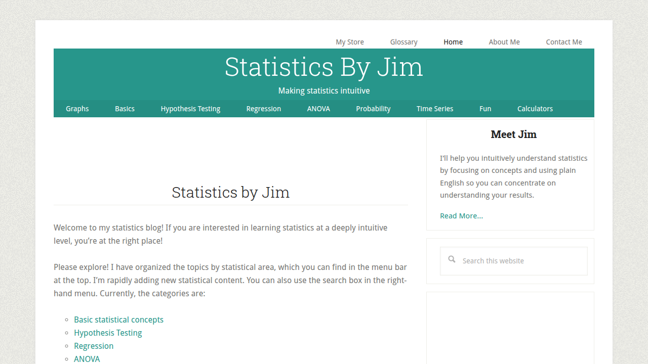 The homepage of Statistics By Jim, a resource offering insights into statistical concepts like accuracy and precision.
