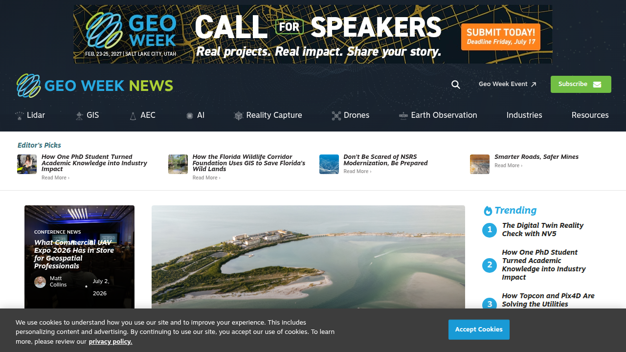 Homepage of GeoWeek News, covering geospatial technologies and lidar comparisons.