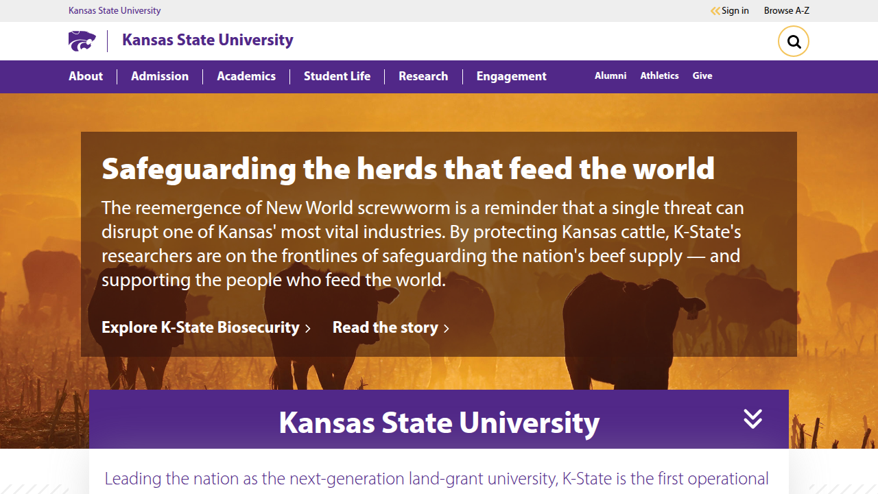 Kansas State University's official website, providing an overview of academics and student life.