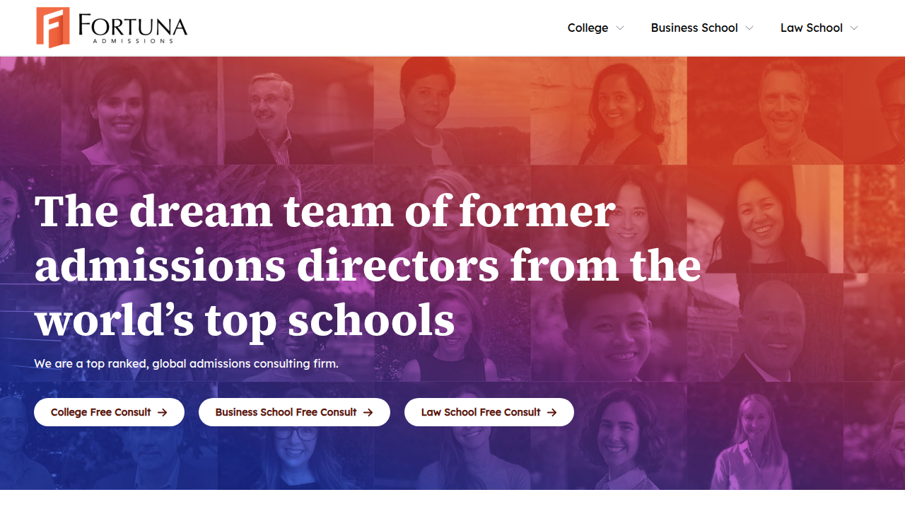 A screenshot of the Fortuna Admissions website, a resource detailing test-optional policies for college admissions.