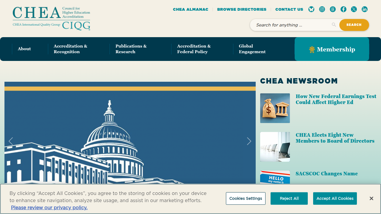 The homepage of the Council for Higher Education Accreditation (CHEA), a vital resource for verifying program accreditation.