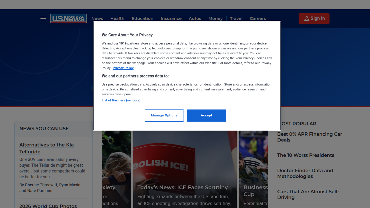 The homepage of U.S. News & World Report, a resource for college rankings and academic program details.