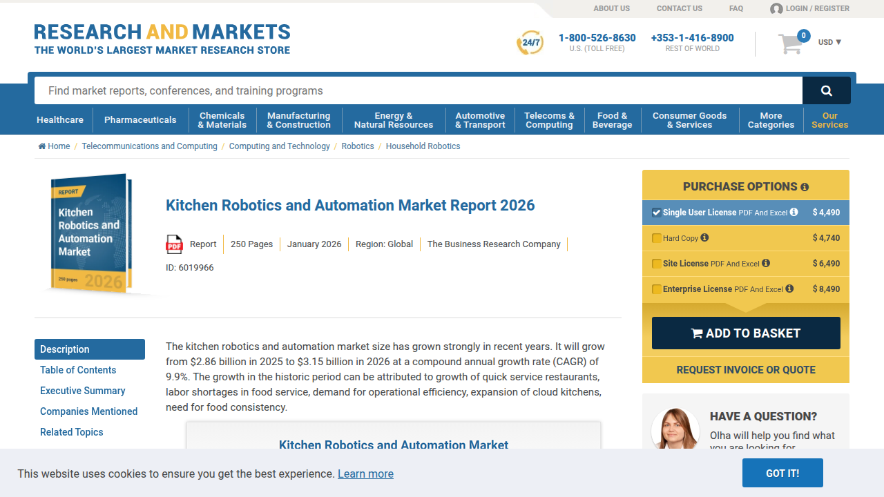 The Research and Markets report highlights the rapid expansion and significant valuation of the kitchen robotics and automation market.