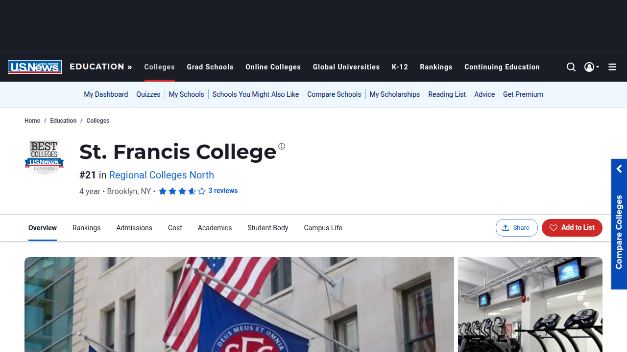 A screenshot of St. Francis College's profile on US News & World Report, showing key data points and rankings.