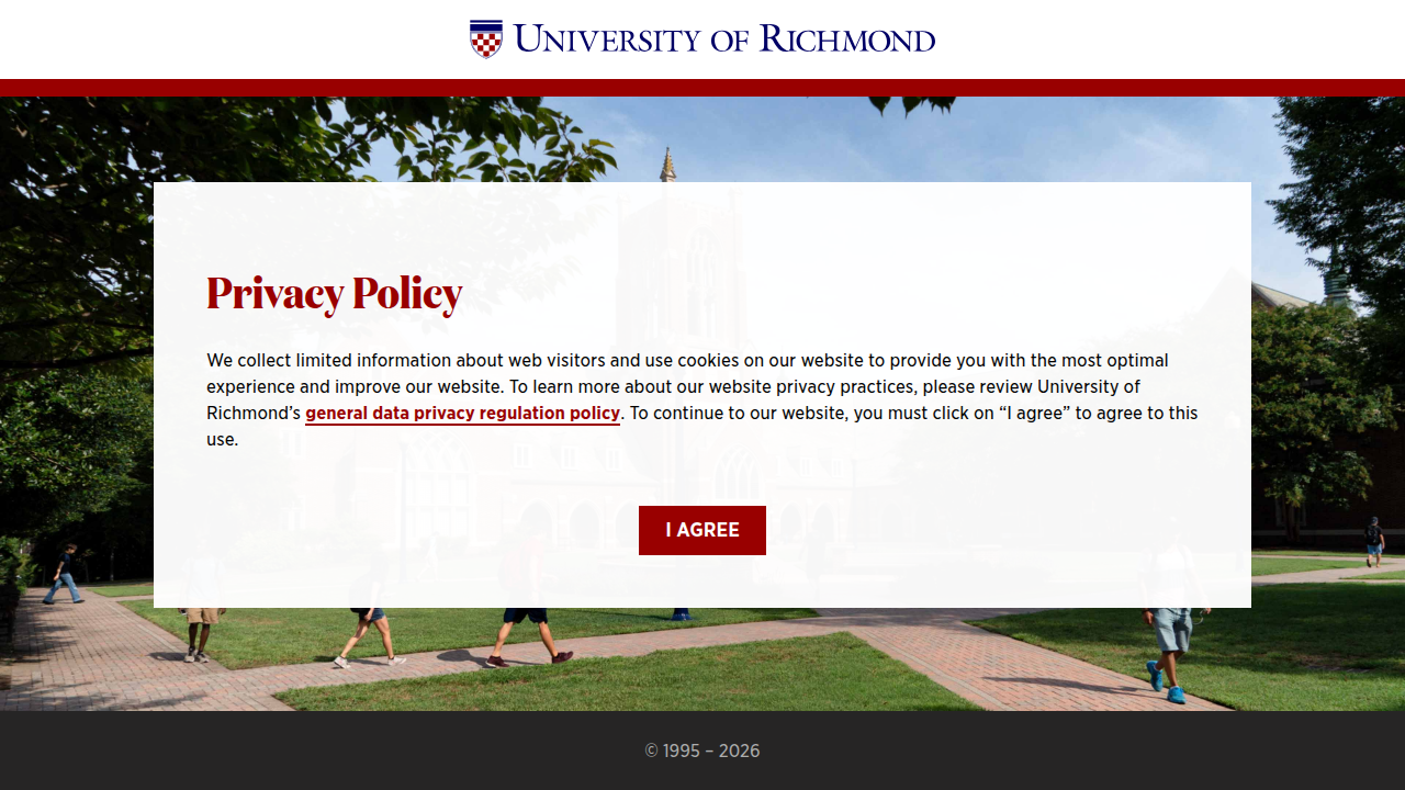 The official admissions homepage for the University of Richmond, providing general information for prospective students.