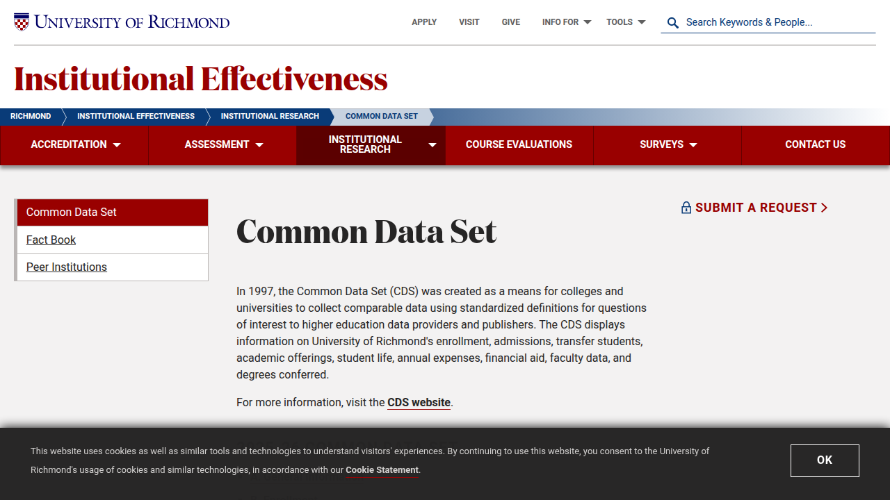The official Common Data Set section of the University of Richmond website, detailing comprehensive institutional data.