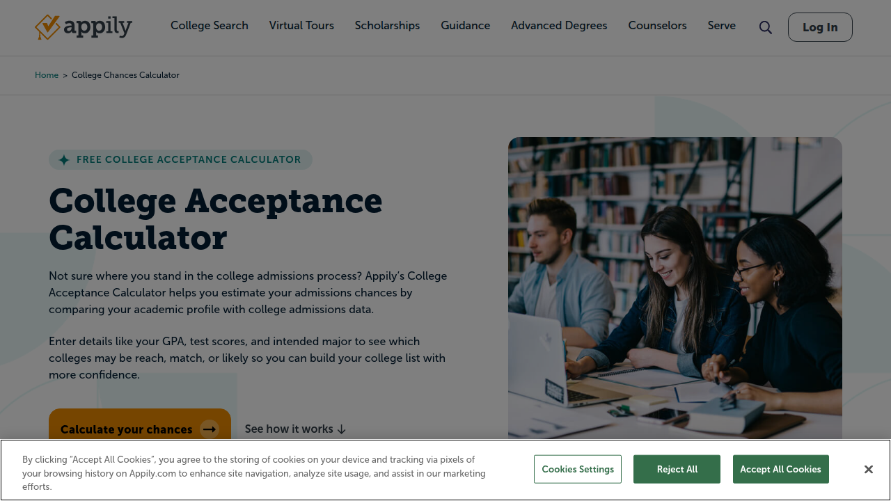 A screenshot of the Appily College Chances Calculator, an online tool for estimating college admission odds.