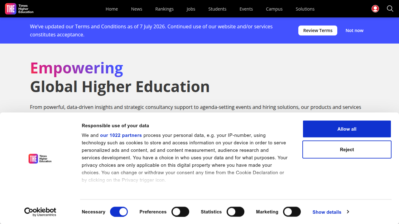 The homepage of Times Higher Education, a prominent global publication for university rankings and news.