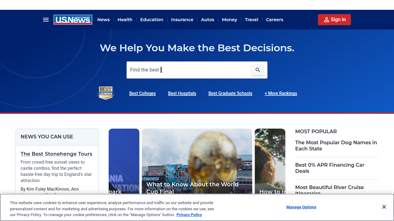 The education section of the U.S. News & World Report website, widely known for its university rankings.