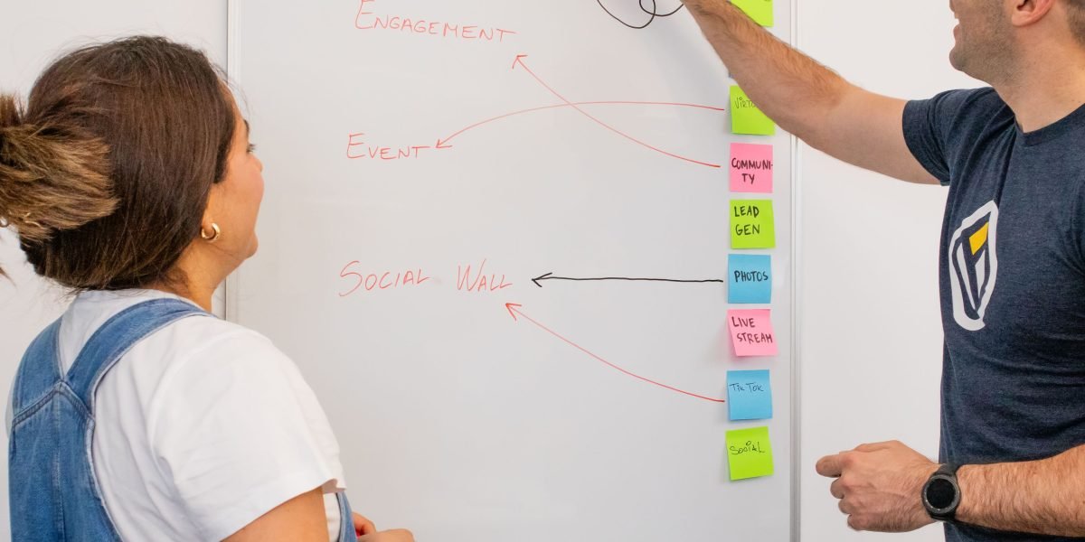 Team members collaborate on a whiteboard, planning the implementation of new client management software.